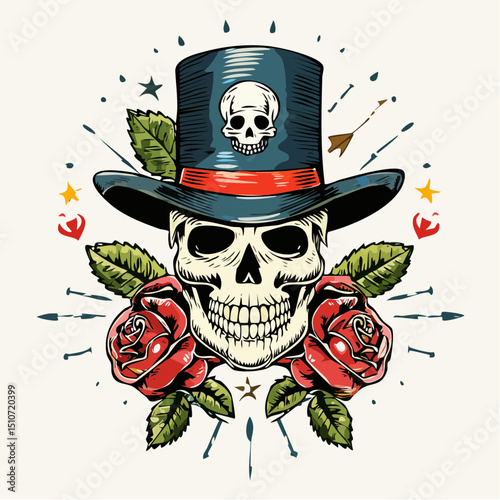 Skull with Hat and Rose – Old School Tattoo Vector