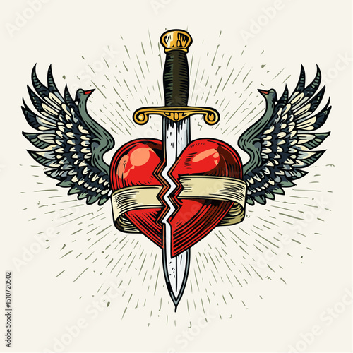 Broken Heart with Knife – Traditional Tattoo Vector