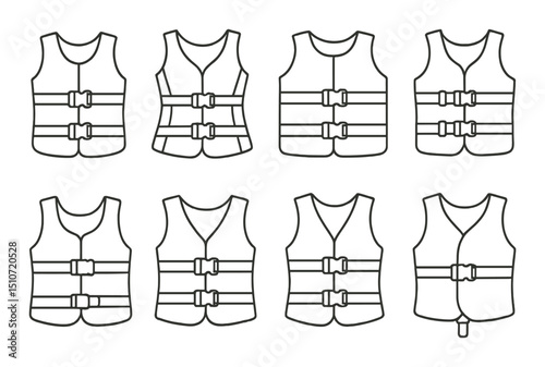 Diverse swim vest icon set in linear style. buoyancy aid and safety gear symbols