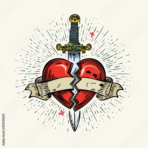 Broken Heart with Knife – Traditional Tattoo Vector