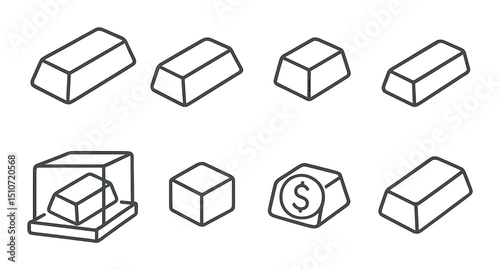 Precious metals linear icon set: gold, silver, and currency symbols in line art