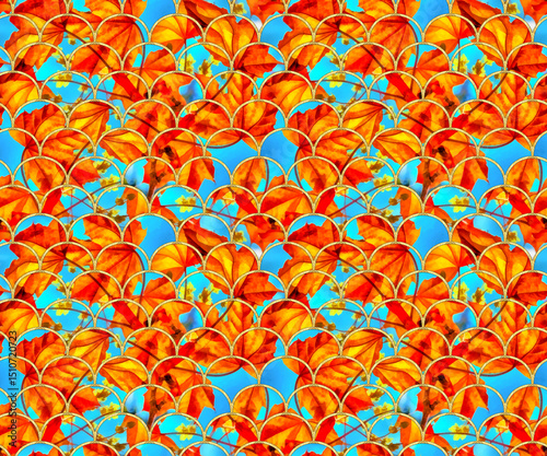 Seamless arcs oriental pattern. Canadian maple against a blue spring sky. Grid. Mosaic, inlay. Illustration in stained glass style. Art Deco. Seamless tracery pattern for wallpapers, textile, linoleum