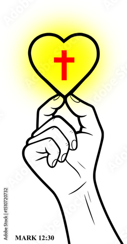 Love the Lord with all your heart and with all your soul and with all your strength -Mark 12:30 Bible Verse Vector, Hand Holding Glowing Heart with Cross, Christian Faith Illustration, Minimal Line Ar