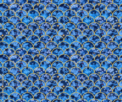 Seamless arcs pattern. Grid. Mosaic, inlay Illustration in stained glass style. Art Deco Seamless tracery pattern for wallpapers, textile, linoleum. Watercolor. Frost on the glass. Ice flowers.