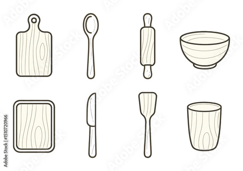 Wooden kitchenware icon set with flat design. cookware and utensil graphics