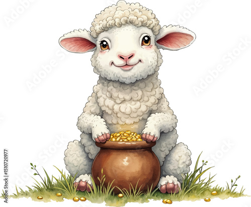 Cheerful lamb holding a pot of gold brings joy for St Patrick's Day celebration, kids illustration