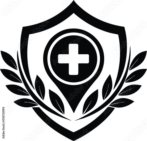 "Natural Health Protection Emblem with Cross Symbol and Eco Leaf Elements"