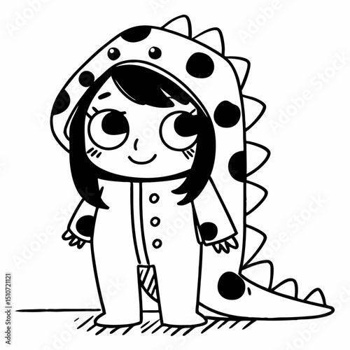 Cute young female wear dino costume kawaii animal illustration
