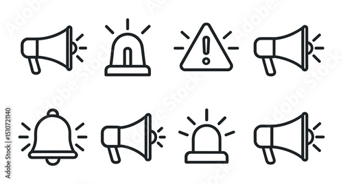 Alert horn icon set in silhouette style. warning, notification symbols