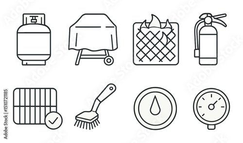 Grill safety essentials silhouette icon set. barbecue, fire protection symbols