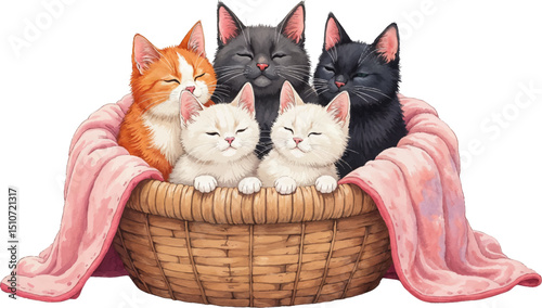 Cozy cats snuggled in a basket under a soft blanket for a warm family day celebration, kids illustration