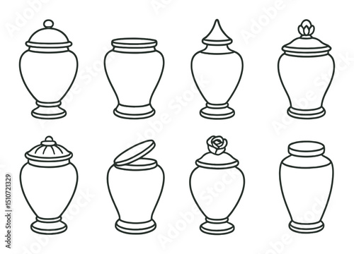 Funeral and urn silhouette icon set. cremation and burial symbols