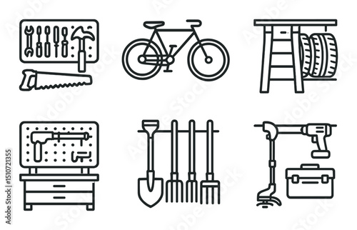 Garage equipment linear icon set. tools and storage symbols for workshops