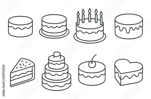 Birthday cake linear icon set. celebration and dessert theme symbols