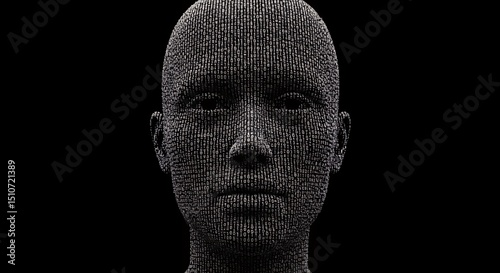 Digital Human Face Made of Binary Code on Black Background