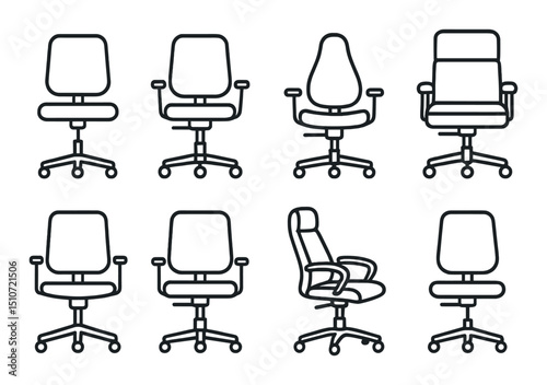 Office chairs silhouette icon set. workspace furniture and seating symbols