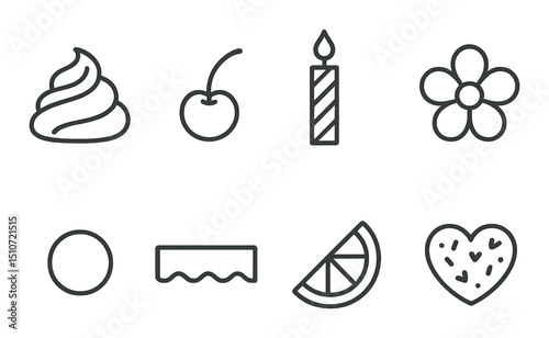 Decorative cake elements icon set: flat style for baking and pastry designs