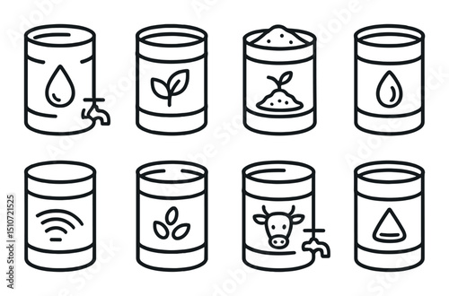 Agricultural barrel icon set in simple linear style. farming and garden symbols