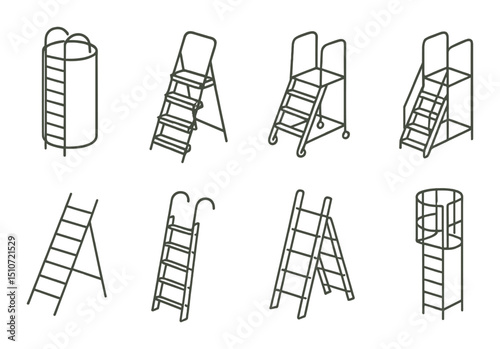Industrial ladder icon set in linear style. construction and safety symbols collection