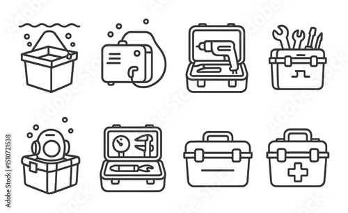 Underwater construction icon set in linear style. dive tools and equipment graphics