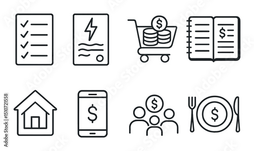 Household budget linear icon set. financial management and expense tracking symbols