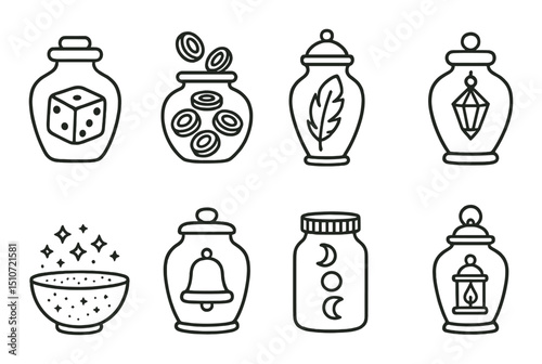 Symbolic luck jars icon set. simple, linear style fortune and charm symbols