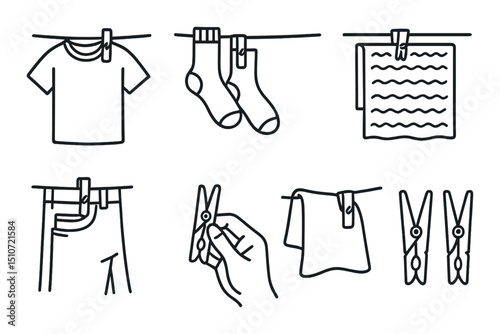 Household chores silhouette icon set. laundry and drying symbols