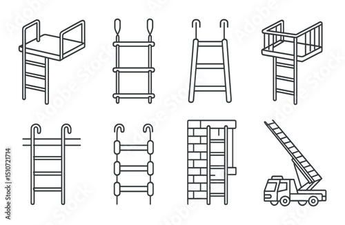 Rescue ladder silhouette icon set. emergency and safety equipment icons