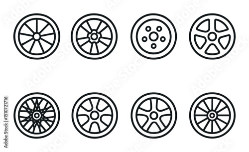 Wheel types icon set in silhouette style. car parts and automotive symbols
