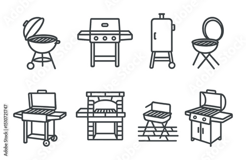 Backyard grill flat icon set: barbecue, cooking symbols for outdoor dining