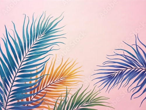 close-up of tropical palm leaves in blue, green, yellow, orange, purple on pink background, oil painting with visible brushstrokes