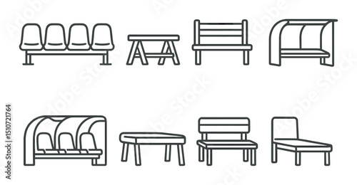 Sports bench silhouette icon set. athletic seating symbols for recreation