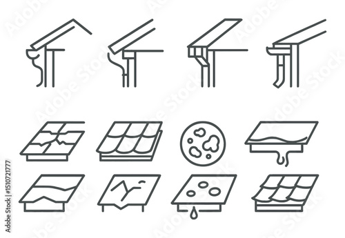 Roof protection and damage linear icon set. weatherproofing and repair symbols
