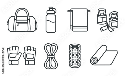 Gym essentials icon set in linear style. fitness, workout gear symbols