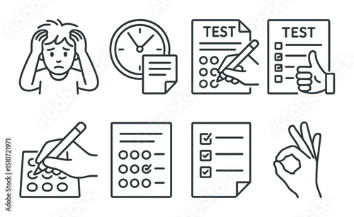 Student stress linear icon set. exam anxiety and academic pressure symbols