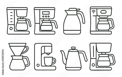 Coffee gear linear icon set for modern cafe and beverage equipment designs