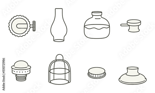 Kerosene lamp icon set in linear style. oil lamp and vintage lantern symbols