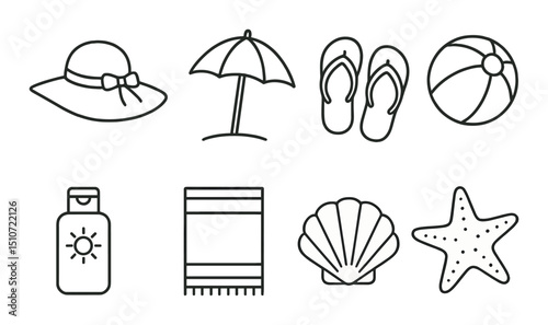 Summer beach essentials icon set. flat style vacation and holiday travel symbols