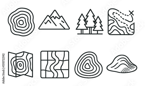 Topographic map linear icon set. cartography and navigation symbols collection