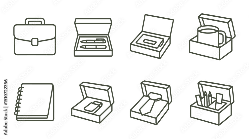 Corporate gift linear icon set. business present and office giveaway symbols Corporate gift linear icon set. business present and office giveaway symbols