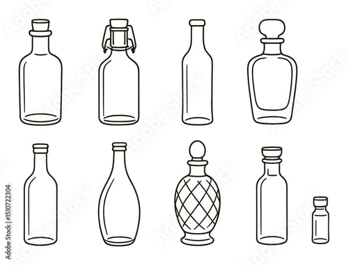 Glass bottles icon set in linear style. jar, container, and vessel symbols