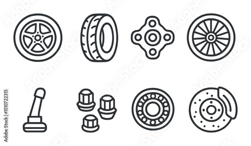 Wheel components silhouette icon set. car parts and auto repair symbols