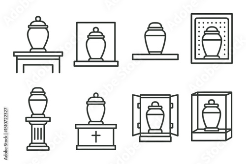 Memorial urn linear icons set. cremation and funeral symbol collection