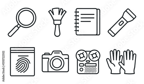 Crime investigation linear icon set. forensics and detective tools symbols