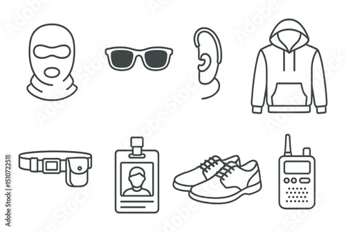 Thief icon set, linear style. security and burglar-related symbols for digital art