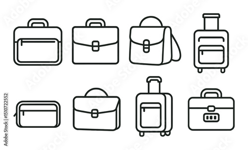 Business bag icon set in linear style. briefcase and luggage symbols for professionals