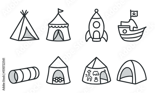 Camping and adventure silhouette icon set. tents, outdoor activities, exploration symbols