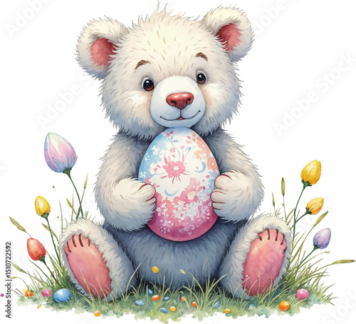 Cute bear holding a vibrant Easter egg amidst colorful flowers in a charming watercolor style, kids illustration