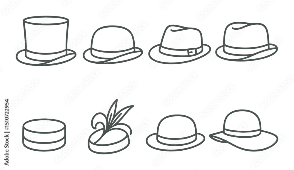Fototapeta premium Elegant hat icon set in linear style. classic headwear and fashion outline symbols