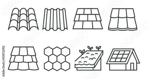 Roof material icon set in linear style. construction and architecture symbols
